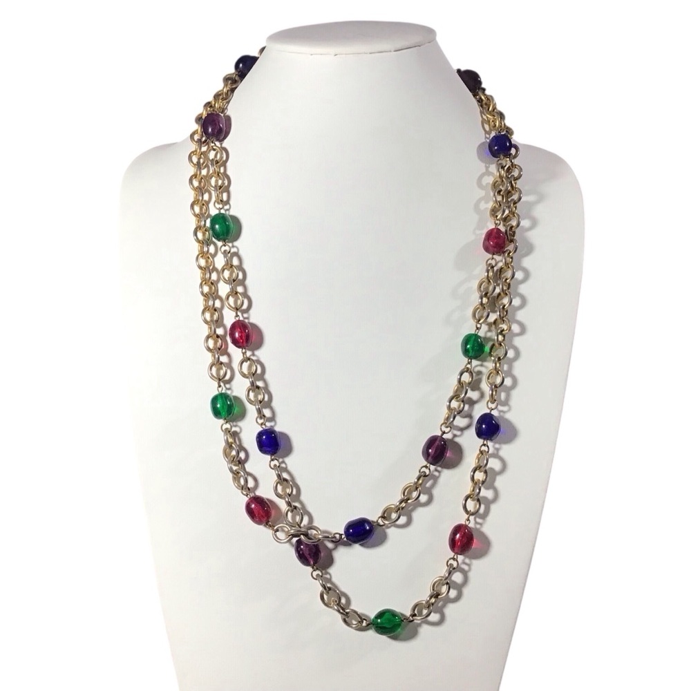 Dauplaise Beaded Chain Necklace Faux Gem Stones Gold Tone Red Green Blue Costume